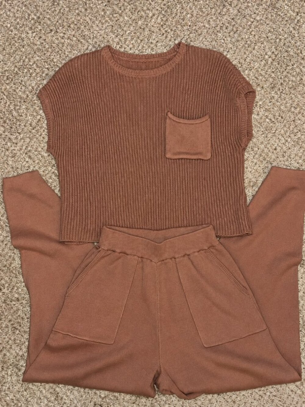 Sincerely Jules Brown Ribbed Knit Sweater Top & Lounge Pants 2 Piece Set